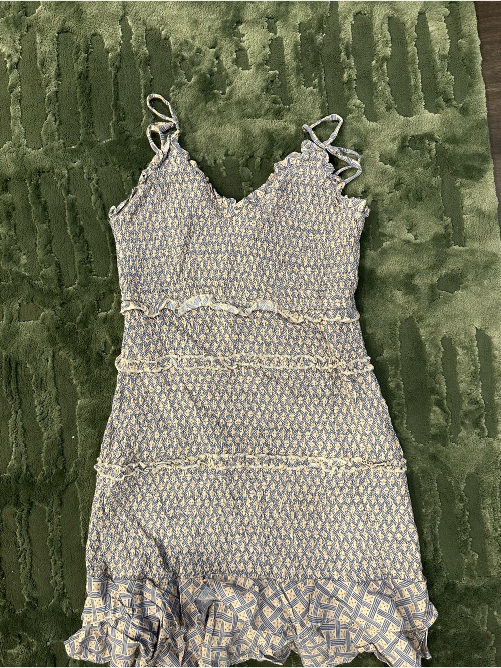 The Impeccable Pig Blue and Cream Smocked Ruffle Mini Dress